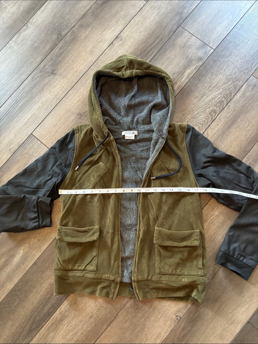 Lacoste Olive Green Hooded Jacket with Black Sleeves